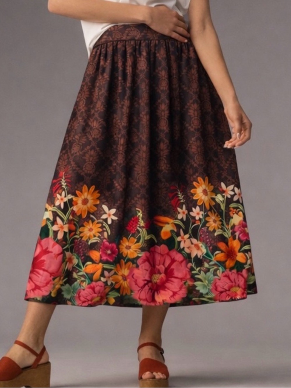 FARM Rio Charming Garden Floral Midi Skirt Brown Tropical Print Size Large